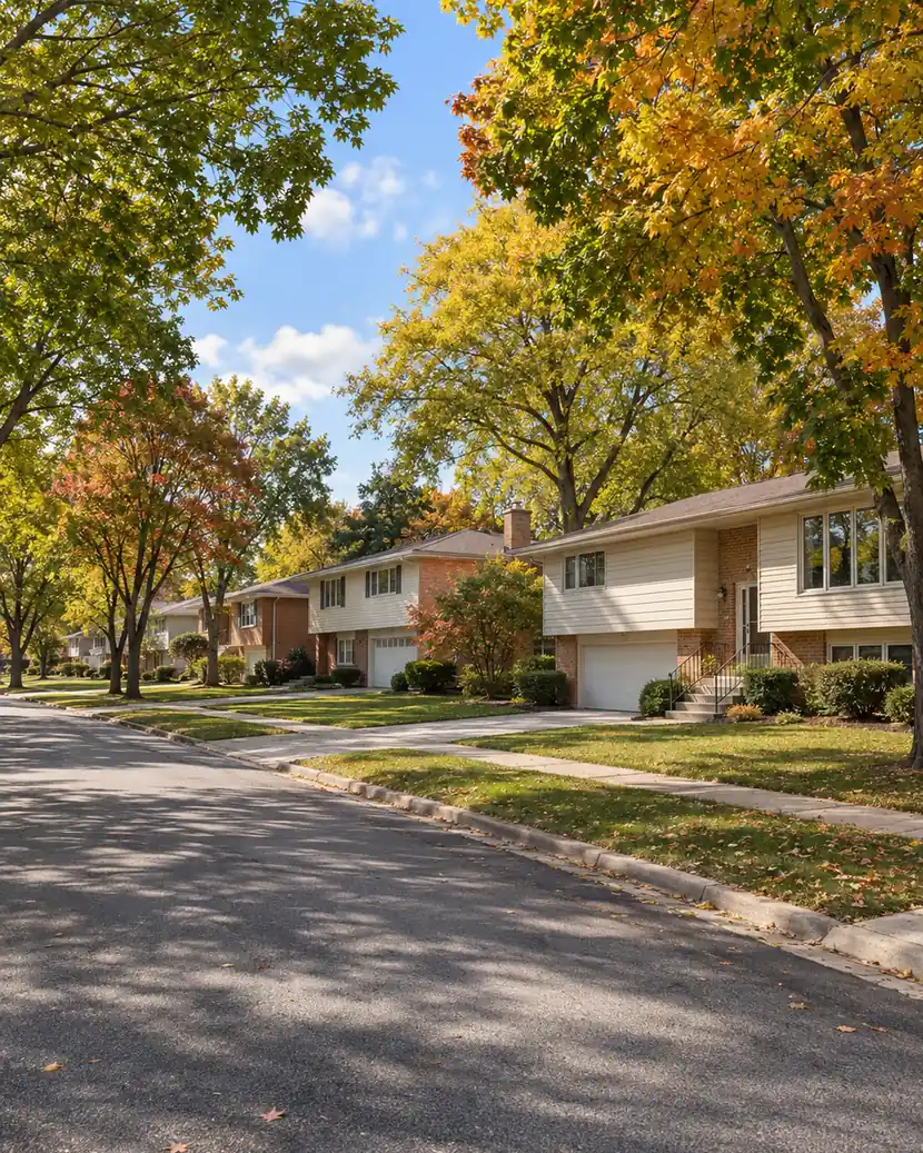 Illustration of a typical residential street with raised ranches, split-level homes and autumn trees