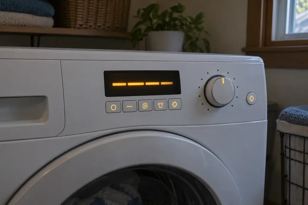 White front-load washer control panel with a glowing amber display, icon buttons and a cycle knob