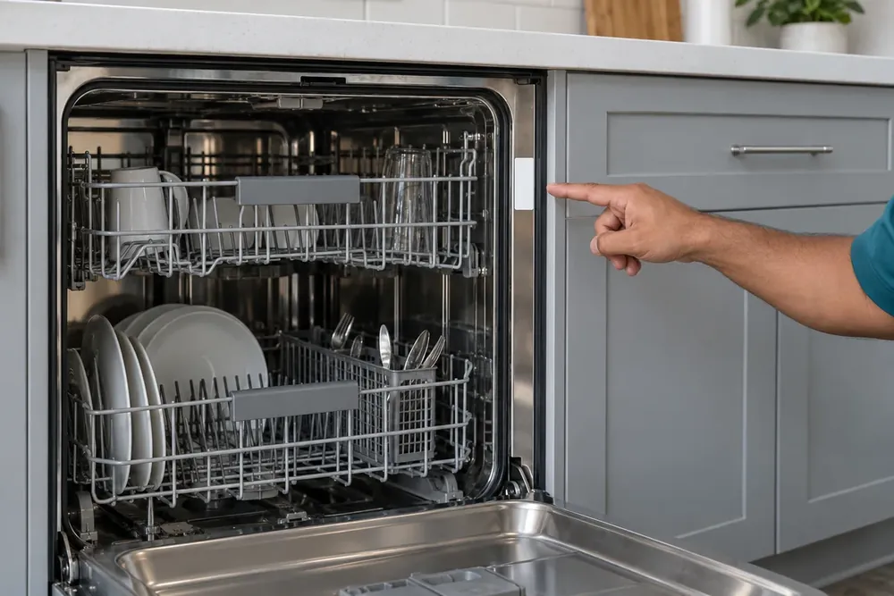 Finger points to a blank rating label on the side edge of an open dishwasher's tub