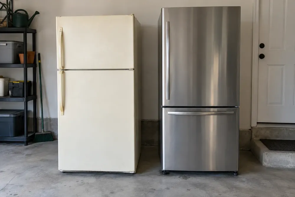 Older almond refrigerator beside a newer stainless refrigerator in a sunlit garage