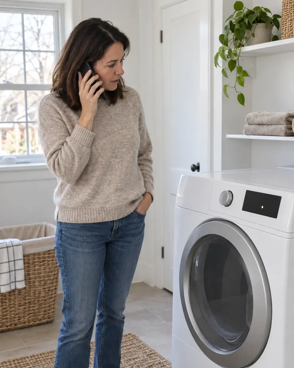 Woman on a phone call looking at a white dryer with a small amber panel light