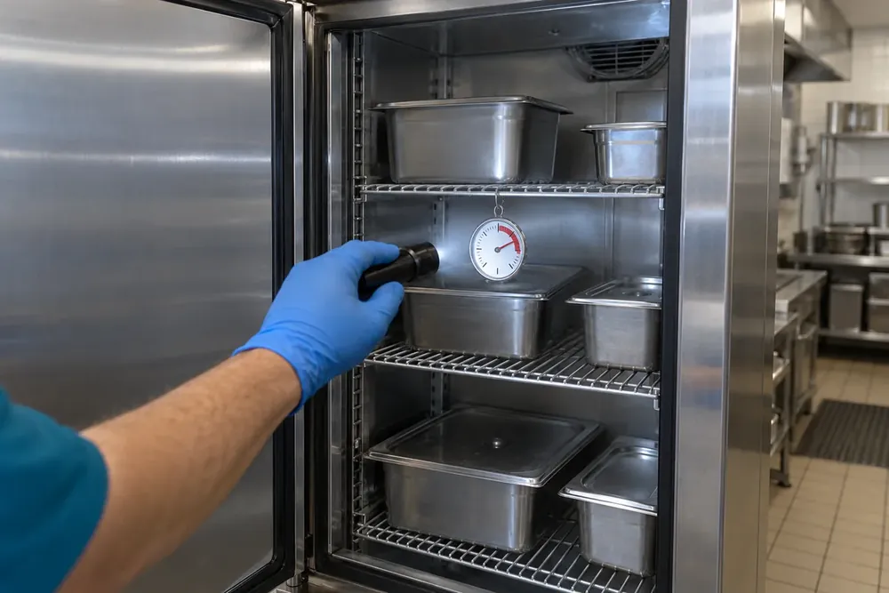Gloved hand illuminating a thermometer in the warm red band inside an open reach-in refrigerator