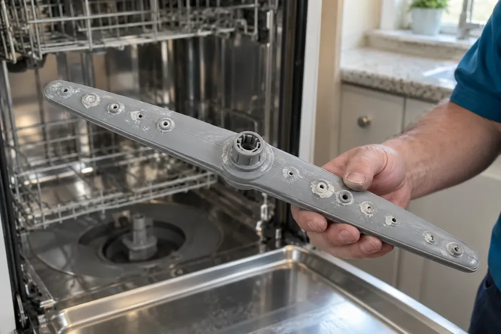 Dishwasher spray arm held toward light, showing blocked holes and white mineral deposits