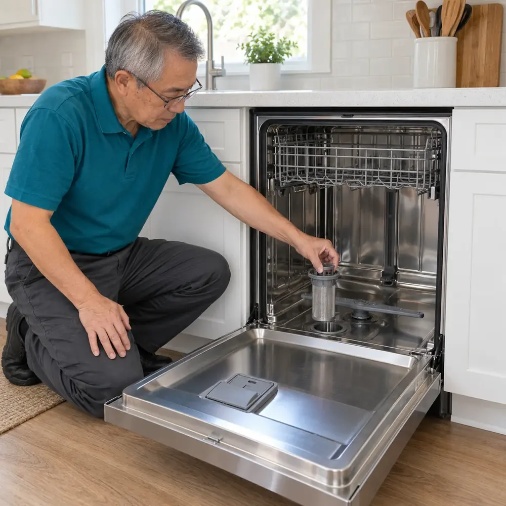 Kneeling technician lifts a mesh filter cylinder out of the tub floor of an open dishwasher