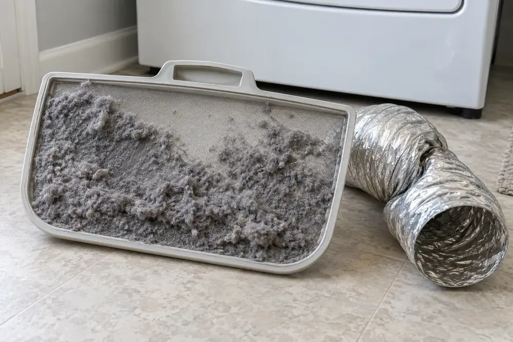 Thick gray lint on a removed dryer screen beside a crushed section of vent duct