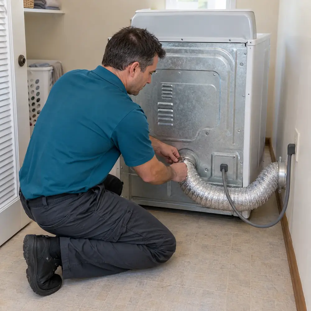 Technician tightening the clamp on a foil vent duct at the exhaust outlet behind a white dryer