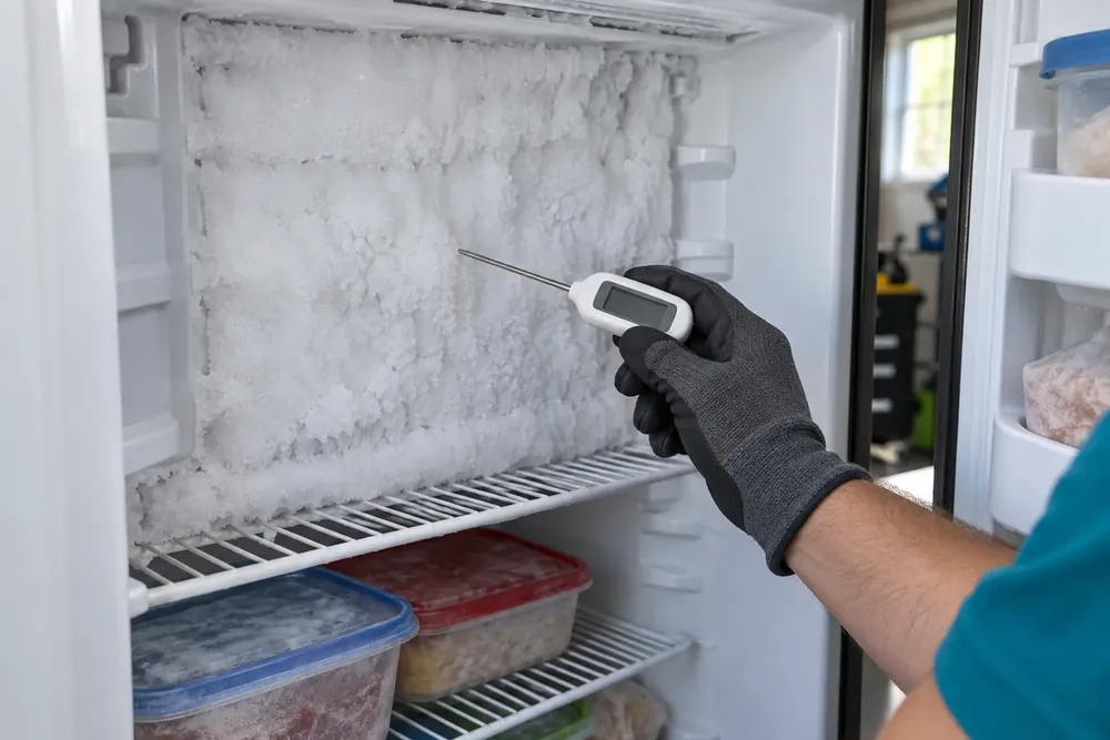 Gloved hand holding a thermometer beside thick frost on an upright freezer back panel