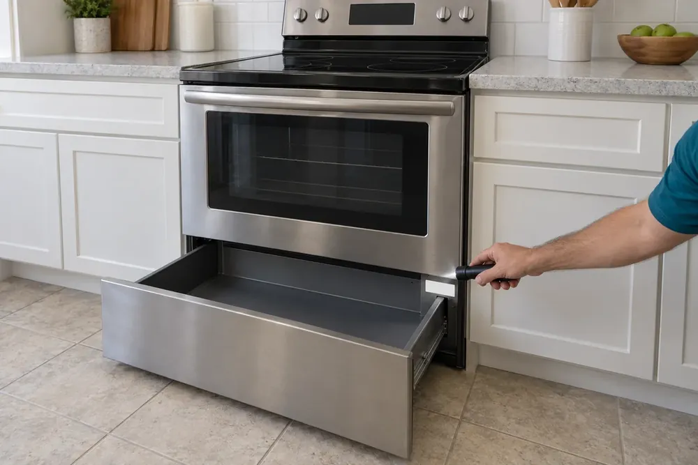 Hand holds a flashlight at a blank label on a range frame beside the open storage drawer