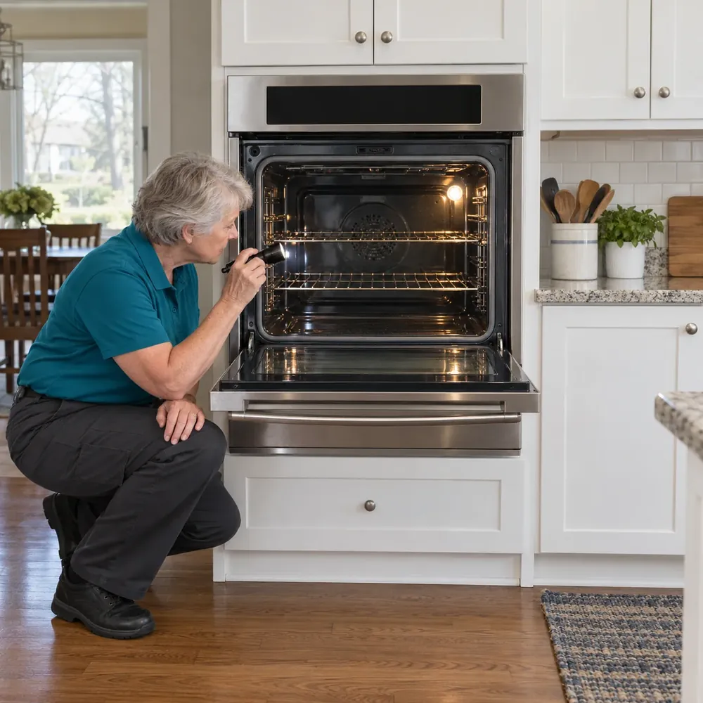 Technician crouches beside an open stainless wall oven and shines a flashlight into the lit cavity