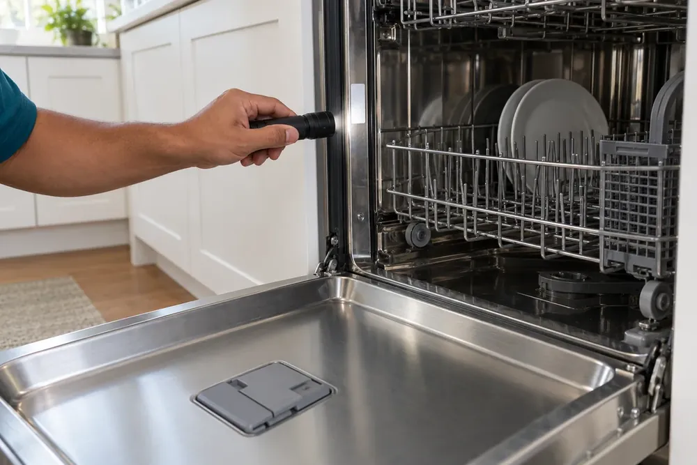 Flashlight aimed at a blank label on the left tub frame of an open dishwasher