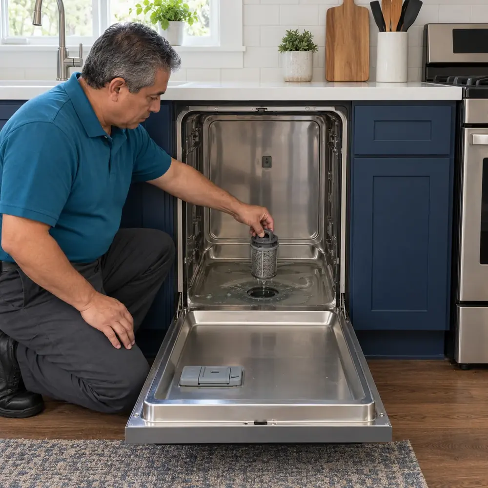 Technician kneels beside an open dishwasher and lifts the drain filter out of standing water