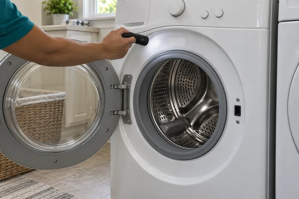 Hand aims a flashlight at a blank label above the door opening of a front-load washer