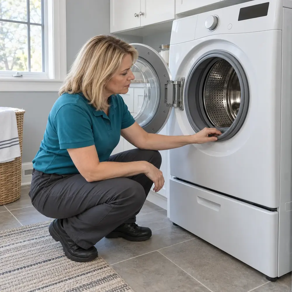 Technician crouching beside a washer on a pedestal to inspect the door seal