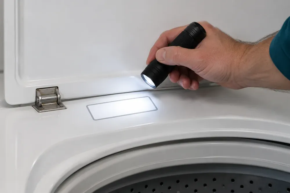 Hand shines a flashlight on a blank label under the raised lid of a top-load washer