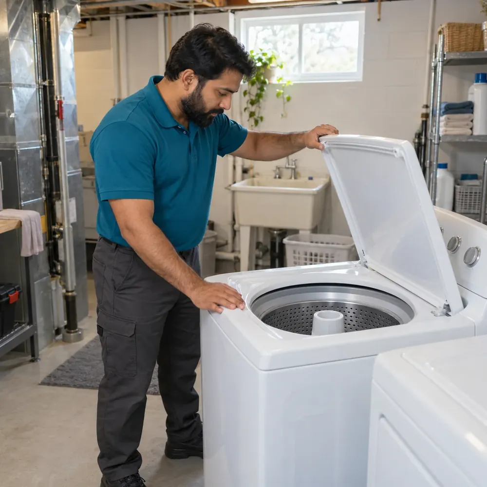 Bearded technician lifting the lid of a white top-load washer in a basement laundry room