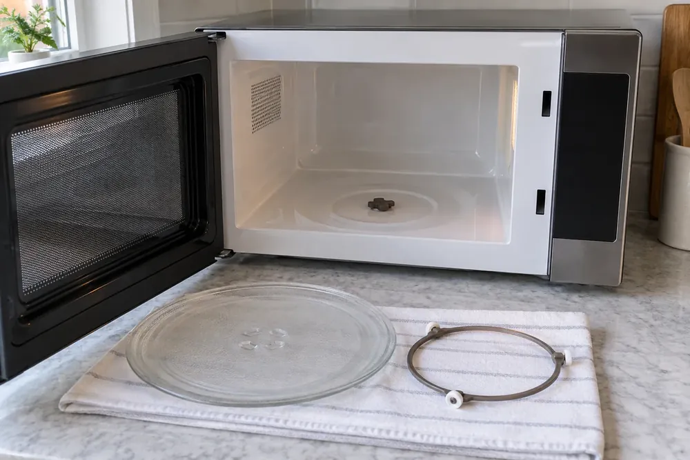 Removed glass microwave turntable and roller ring resting beside the open cavity on a towel