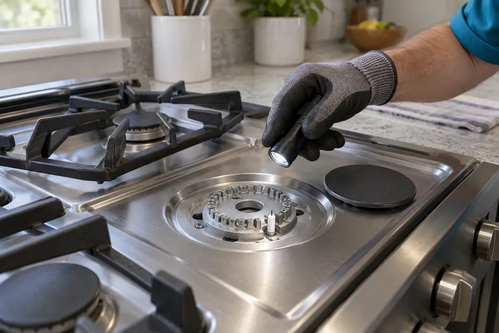 Gloved hand shining a small flashlight at a gas burner base with its cap set aside