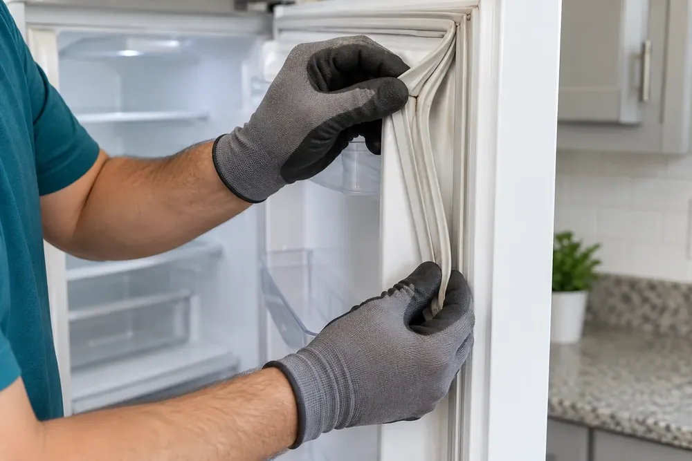Gloved hands inspecting a worn gasket along the edge of a refrigerator door