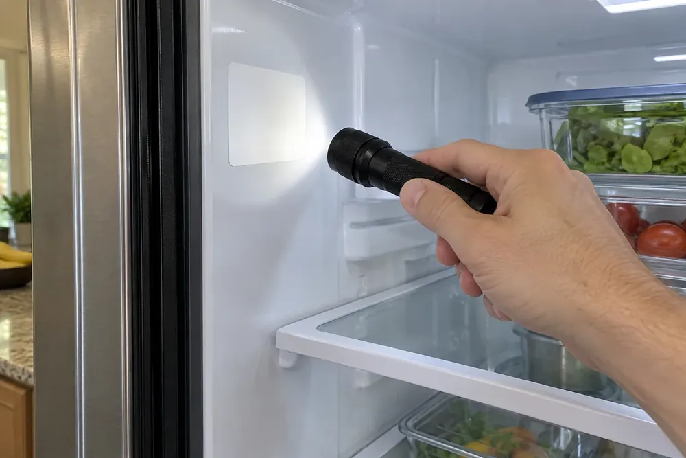 Hand shines a flashlight on a blank label high on a refrigerator's left inner wall