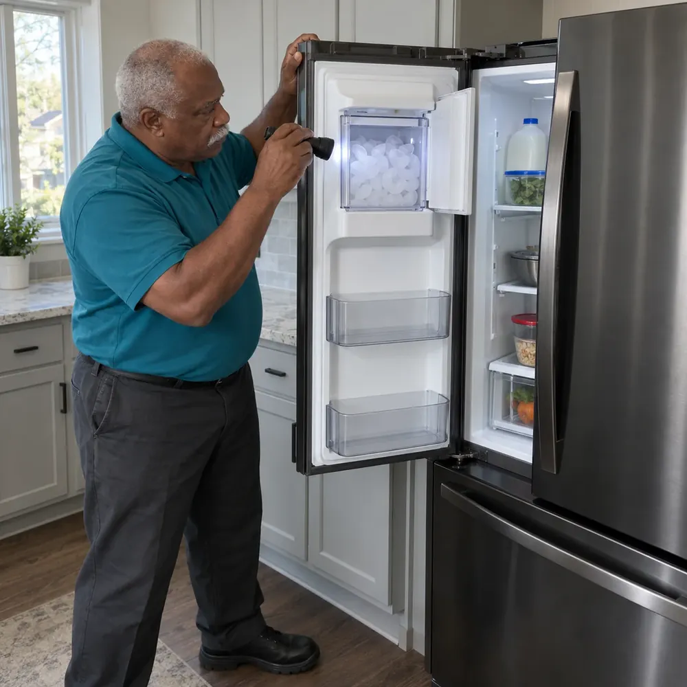 Technician shines a flashlight into the ice bucket in the open door of a black stainless refrigerator