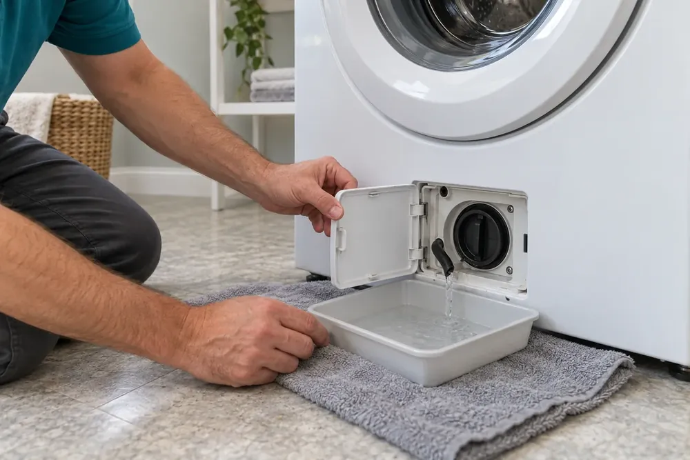 Hands opening a washer's lower filter door above a shallow tray and towel