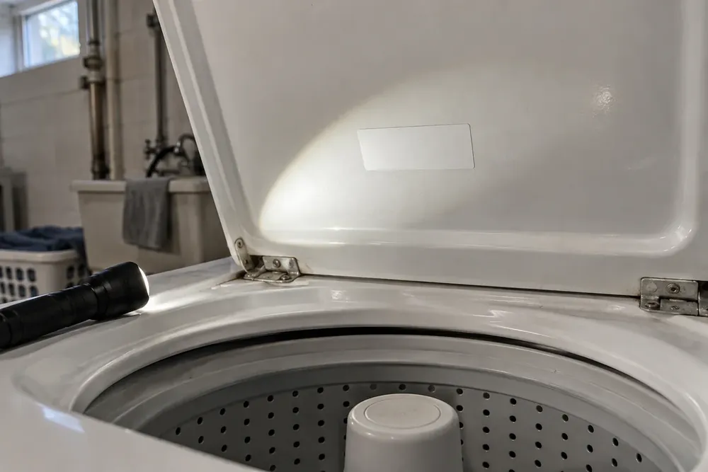 Flashlight beam illuminating a blank rating label beneath a raised top-load washer lid