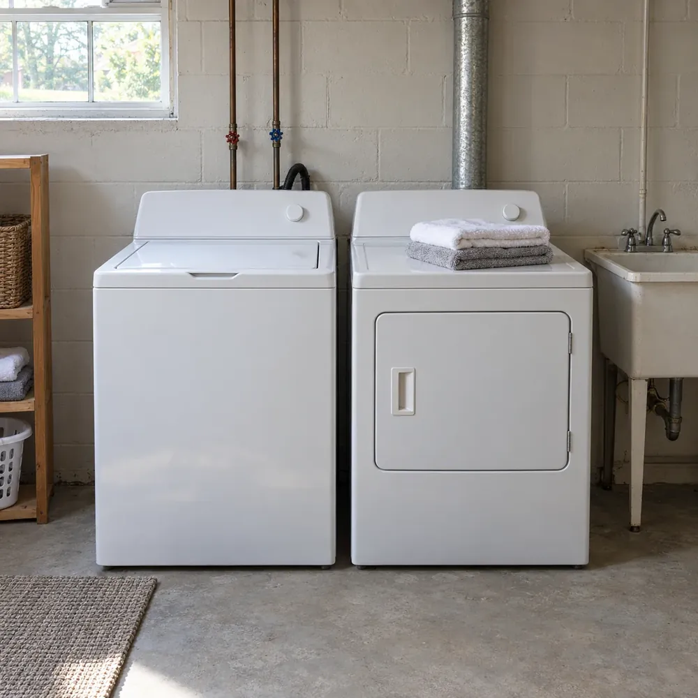 White top-load washer and matching dryer with folded towels in a bright basement laundry room