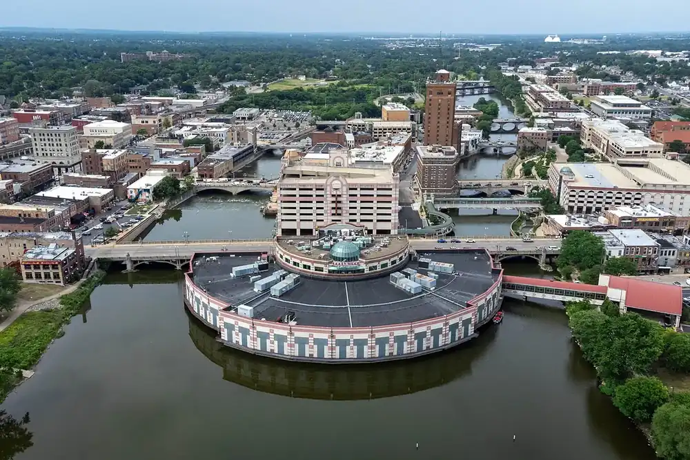Aerial view of downtown Aurora and the Fox River islands on a summer day