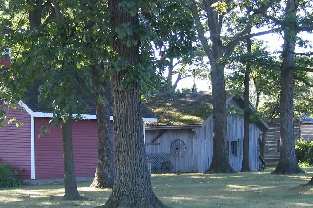 Historic red barn and log buildings under tall oak trees in Deerfield, Illinois