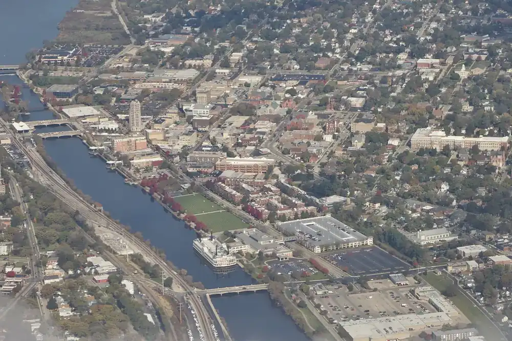 Aerial view of downtown Elgin and the Fox River on an autumn day, Illinois