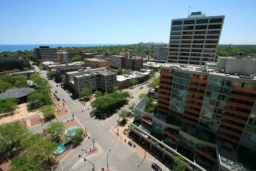 Aerial view of Fountain Square and downtown Evanston toward Lake Michigan, Illinois