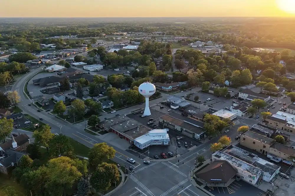Aerial view of downtown Wauconda and its water tower at sunrise, Illinois